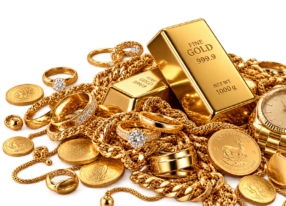 Illustration von Goldschmuck, Münzen und Goldbarren aus dem GTC-Flyer